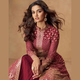 Wine Red Embroidered Georgette Anarkali Gown with Dupatta