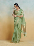 Green Khadi Silk Saree with Golden Zari Border & Tassel Pallu