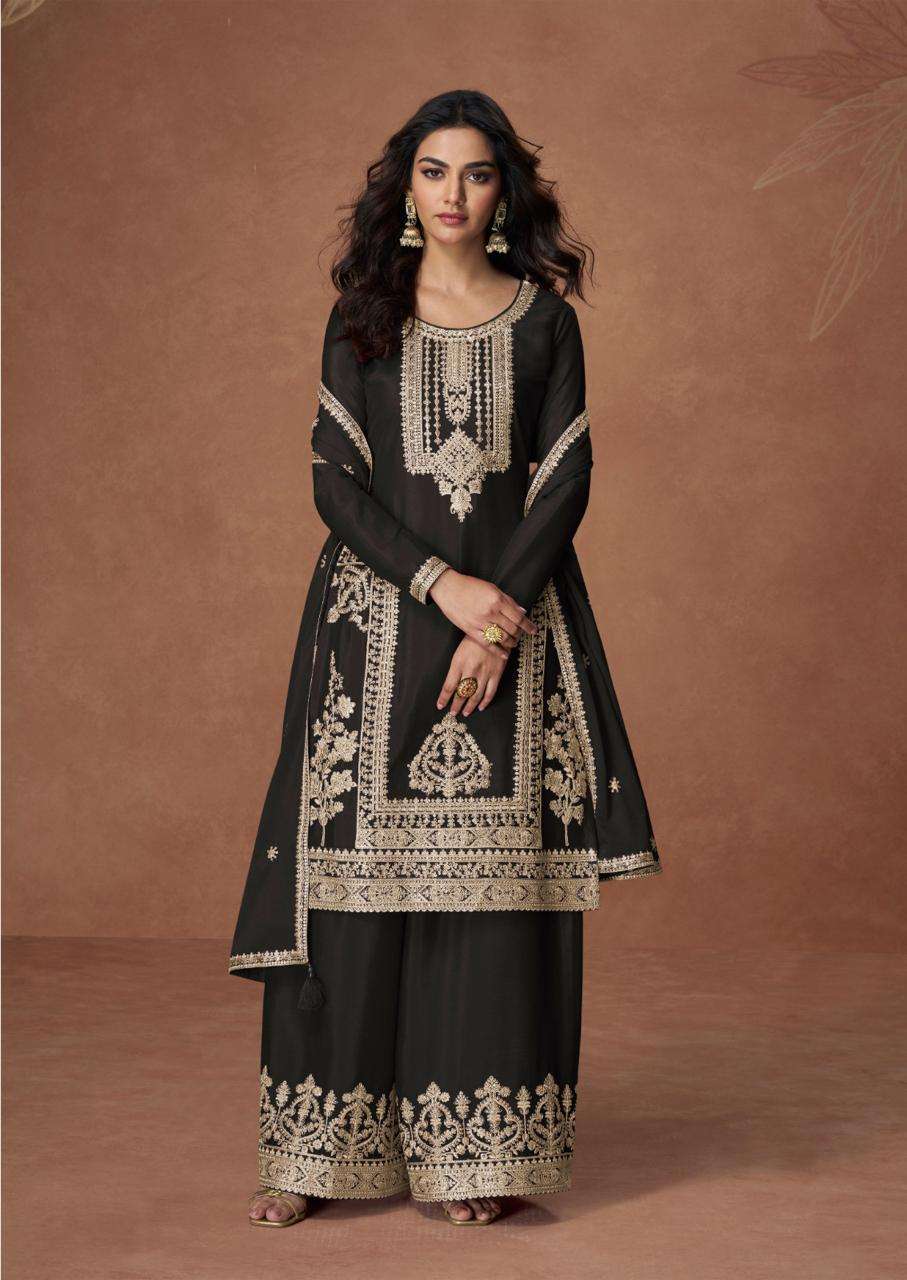 Black Embroidered Chinon Silk Palazzo Set