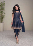 Midnight Blue Embroidered Silk Kurti with Dhoti & Net Dupatta