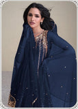 Midnight Blue Embroidered Silk Kurti with Dhoti & Net Dupatta