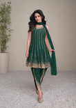 Emerald Green Embroidered Silk Kurti with Dhoti & Net Dupatta

