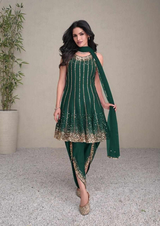 Emerald Green Embroidered Silk Kurti with Dhoti & Net Dupatta

