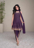 Plum Purple Embroidered Silk Kurti with Dhoti & Net Dupatta