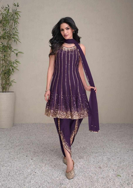 Plum Purple Embroidered Silk Kurti with Dhoti & Net Dupatta