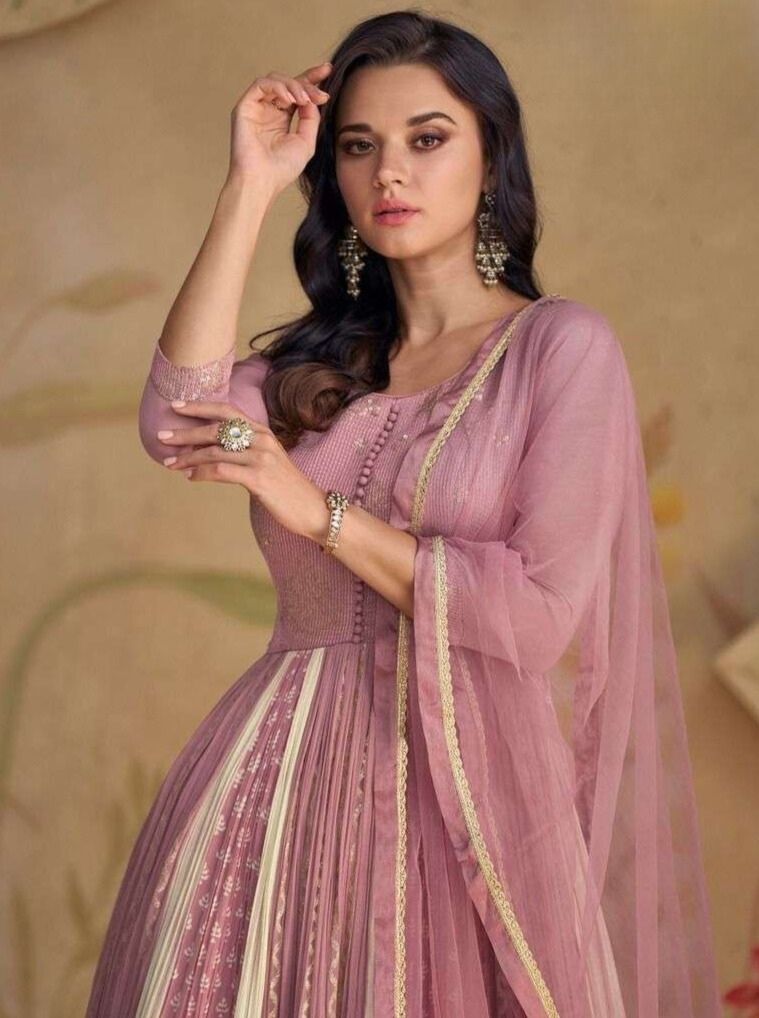 Mauve Pink Real Georgette Embroidered Anarkali Gown Set

