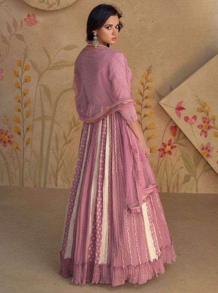 Mauve Pink Real Georgette Embroidered Anarkali Gown Set

