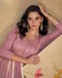 Mauve Pink Real Georgette Embroidered Anarkali Gown Set

