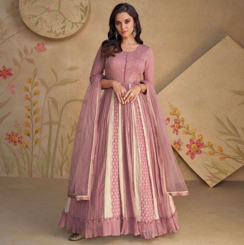 Mauve Pink Real Georgette Embroidered Anarkali Gown Set

