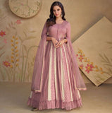 Mauve Pink Real Georgette Embroidered Anarkali Gown Set

