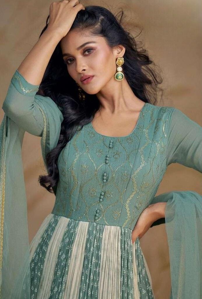 Sea Green Embroidered Georgette Anarkali Gown with Net Dupatta

