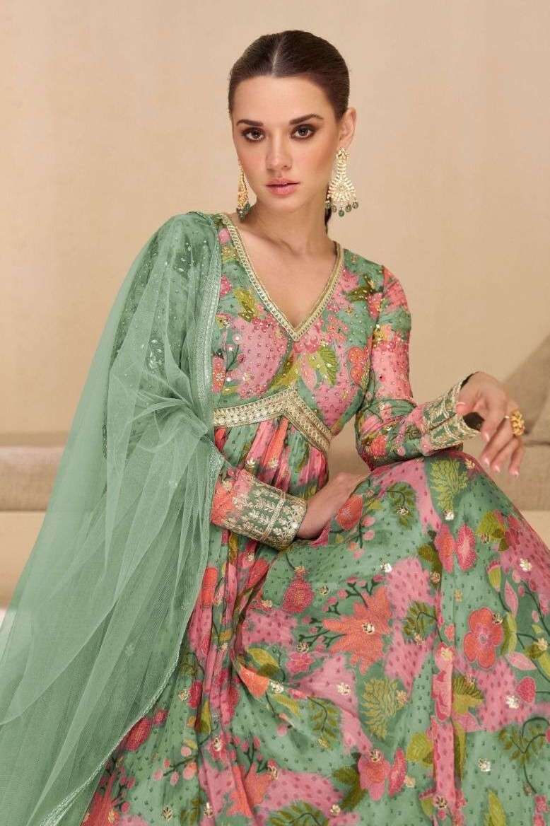 Floral Green Embroidered Anarkali Gown with Net Dupatta