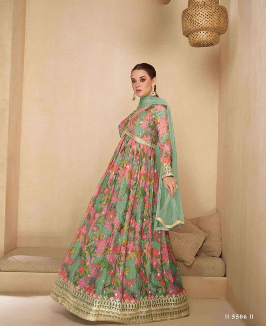 Floral Green Embroidered Anarkali Gown with Net Dupatta