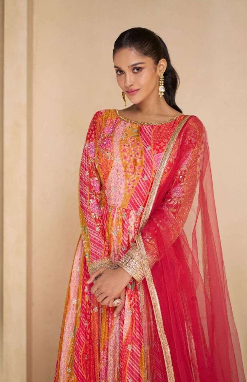 Multicolor Georgette Anarkali Gown with Embroidery & Red Dupatta