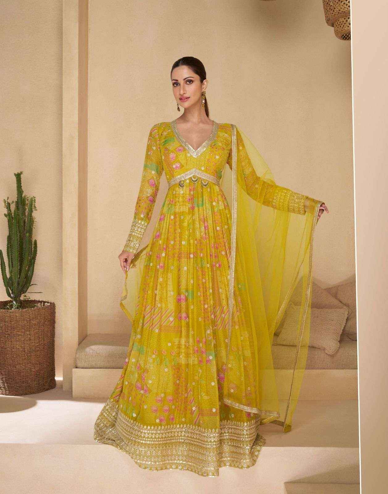 Sunshine Yellow Embroidered Anarkali Gown with Net Dupatta