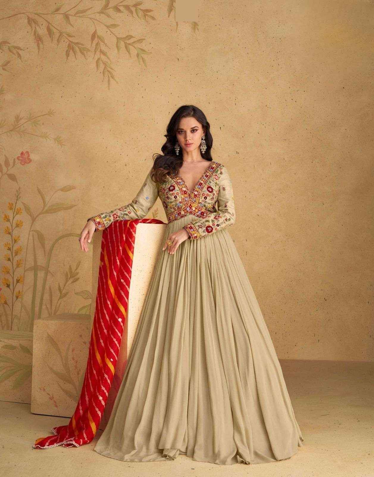 Olive Green Real Chinon Silk Embroidered Party Wear Gown