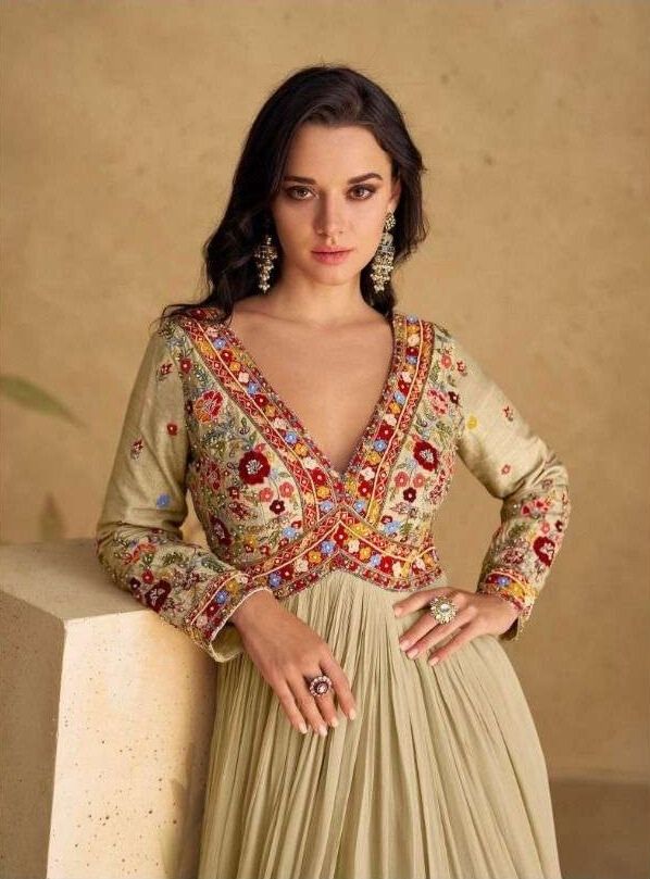 Olive Green Real Chinon Silk Embroidered Party Wear Gown