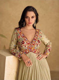 Olive Green Real Chinon Silk Embroidered Party Wear Gown