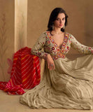 Olive Green Real Chinon Silk Embroidered Party Wear Gown