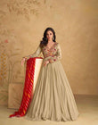 Olive Green Real Chinon Silk Embroidered Party Wear Gown
