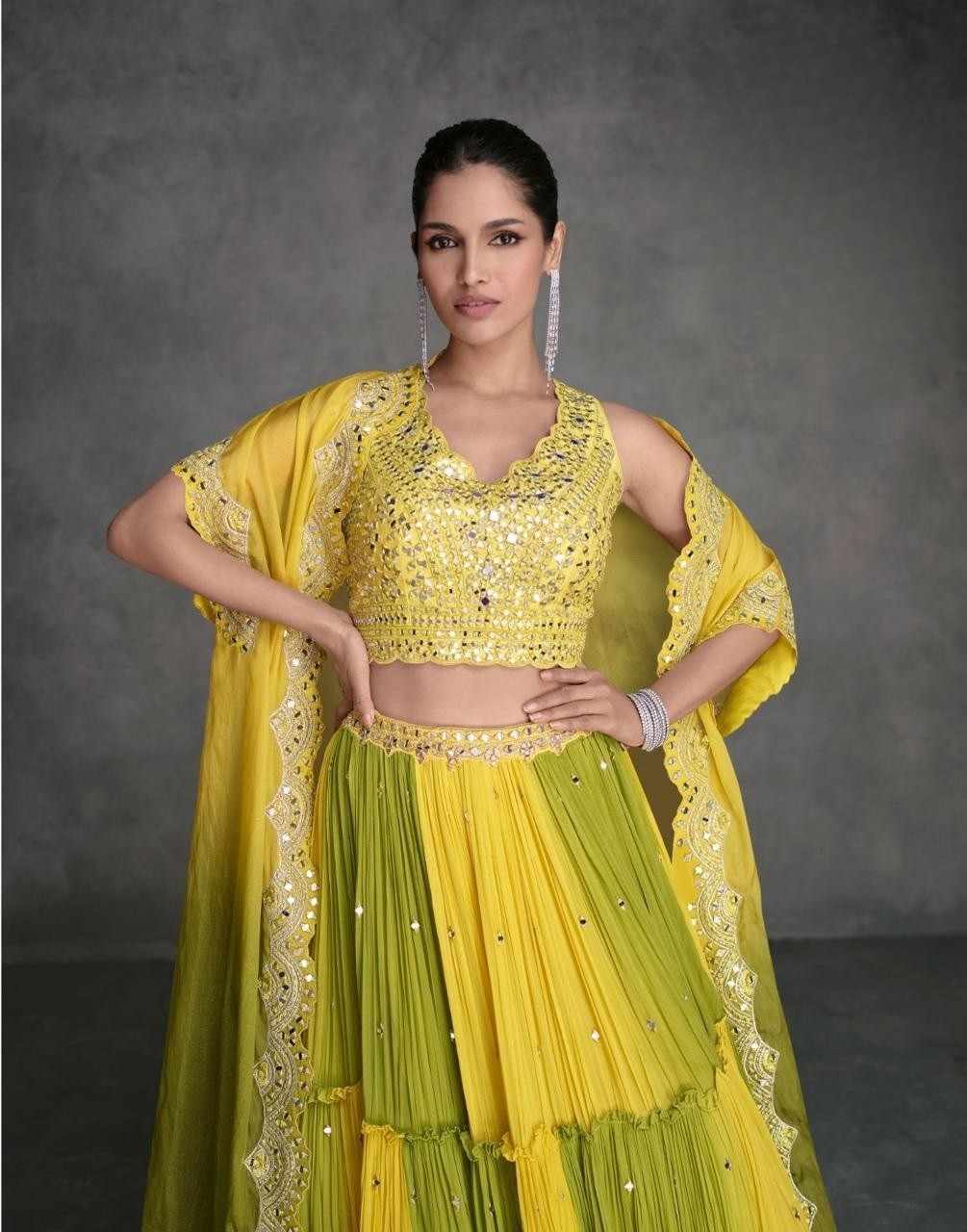 Yellow-Green Ombre Designer Lehenga in Organza Silk Georgette

