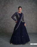 Navy Blue Georgette & Organza Silk Mirror Work Lehenga Set
