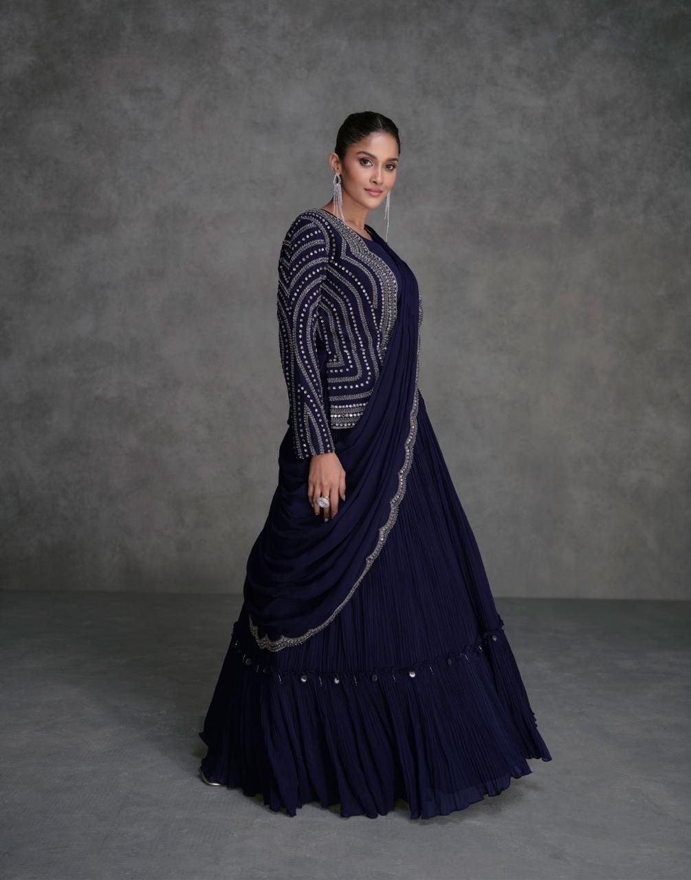 Navy Blue Georgette & Organza Silk Mirror Work Lehenga Set