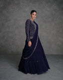 Navy Blue Georgette & Organza Silk Mirror Work Lehenga Set