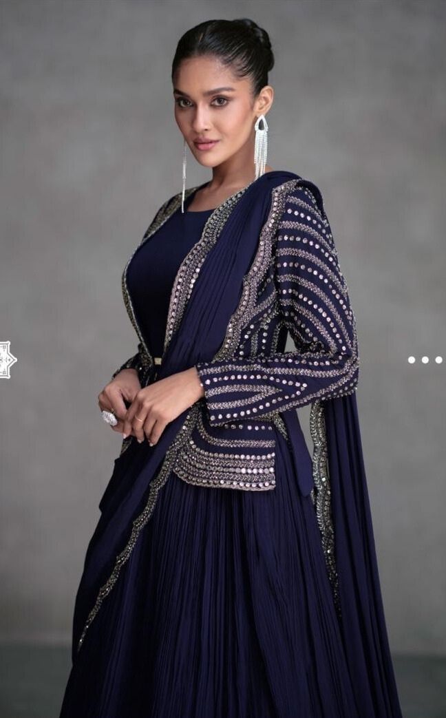 Navy Blue Georgette & Organza Silk Mirror Work Lehenga Set