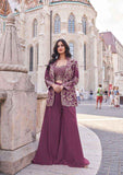 Plum Purple Embroidered Silk Palazzo Set with Jacket – Front & Back Work