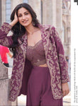 Plum Purple Embroidered Silk Palazzo Set with Jacket – Front & Back Work