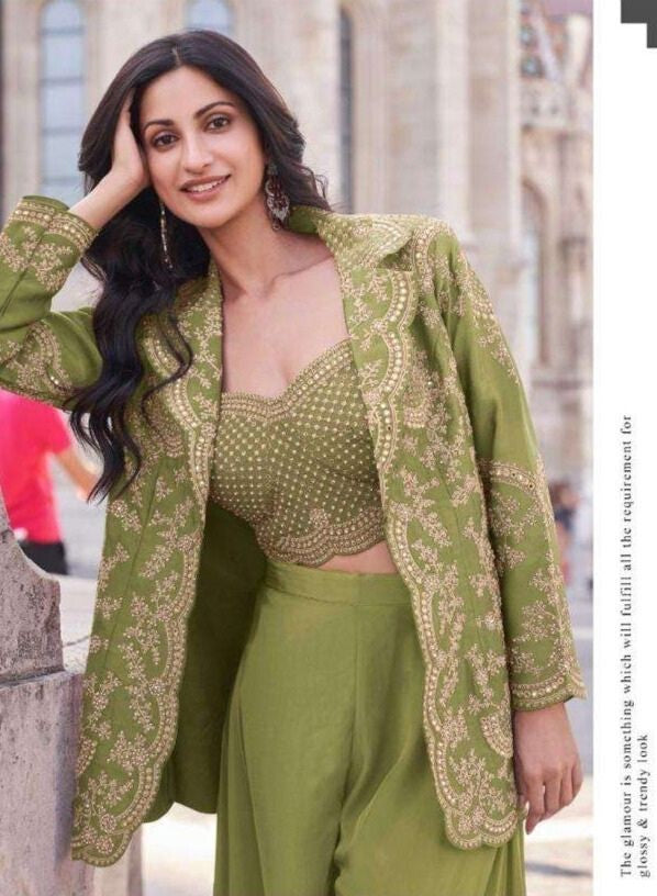 Green Premium Silk Embroidered Indo-Western Set