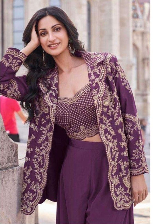 Purple Embroidered Silk Indo Western Set with Jacket