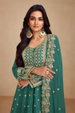 Teal Green Embroidered Real Chinon Silk Palazzo Set
