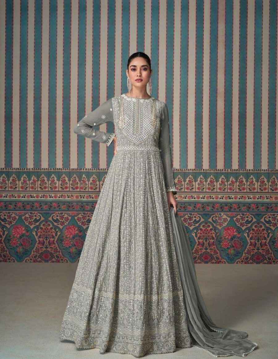 Dusty Grey Embroidered Chikankari Anarkali Gown with Dupatta