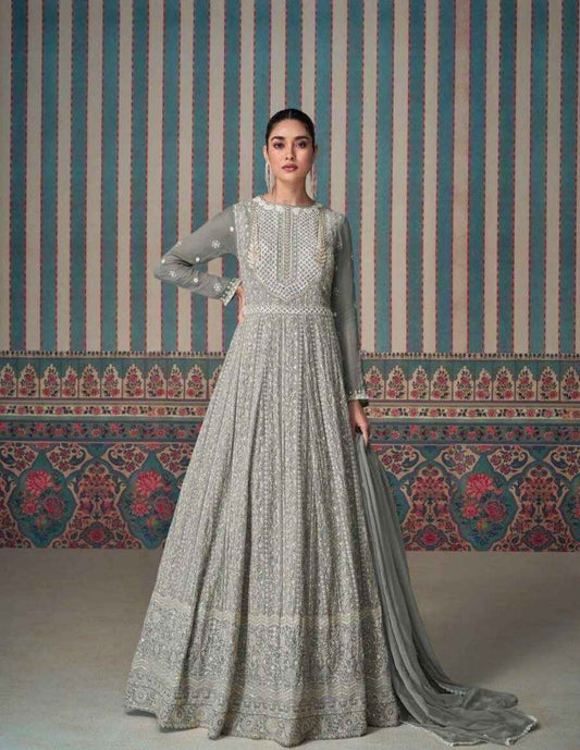Dusty Grey Embroidered Chikankari Anarkali Gown with Dupatta