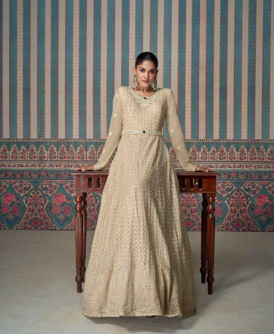Elegant Beige Chikankari Embroidered Anarkali Set with Dupatta