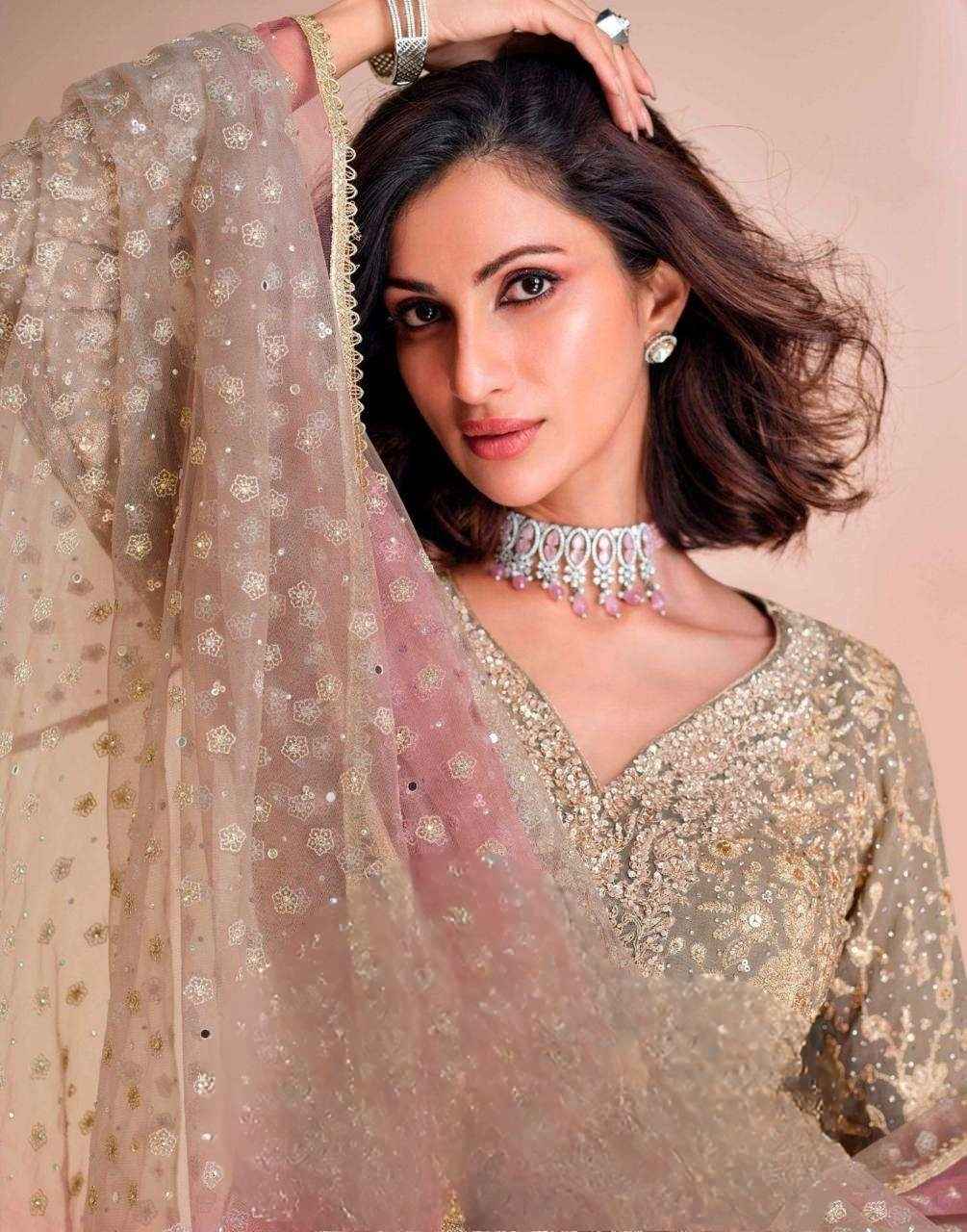 Olive Pink Embroidered Palazzo Suit in Real Georgette