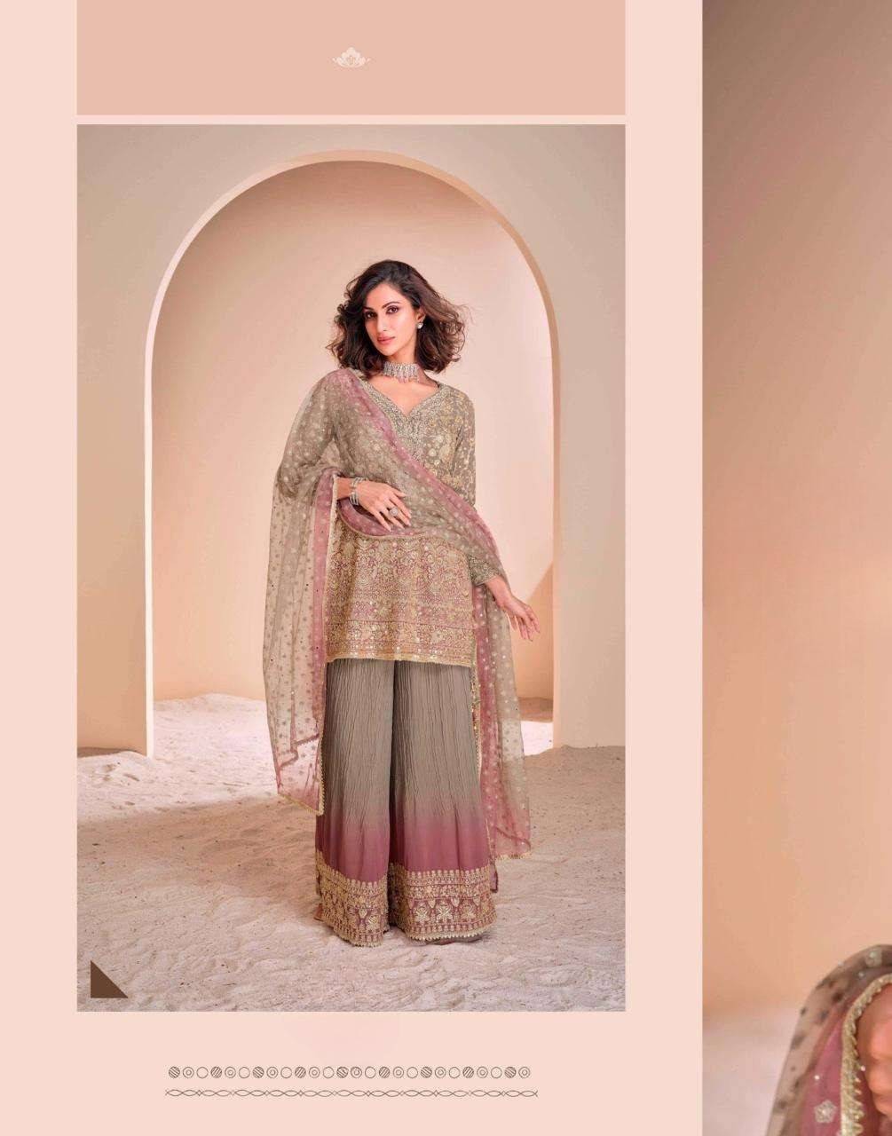 Olive Pink Embroidered Palazzo Suit in Real Georgette