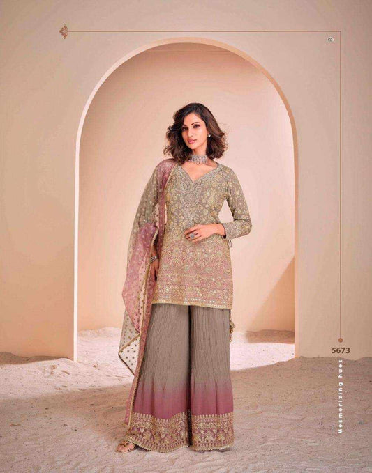 Olive Pink Embroidered Palazzo Suit in Real Georgette