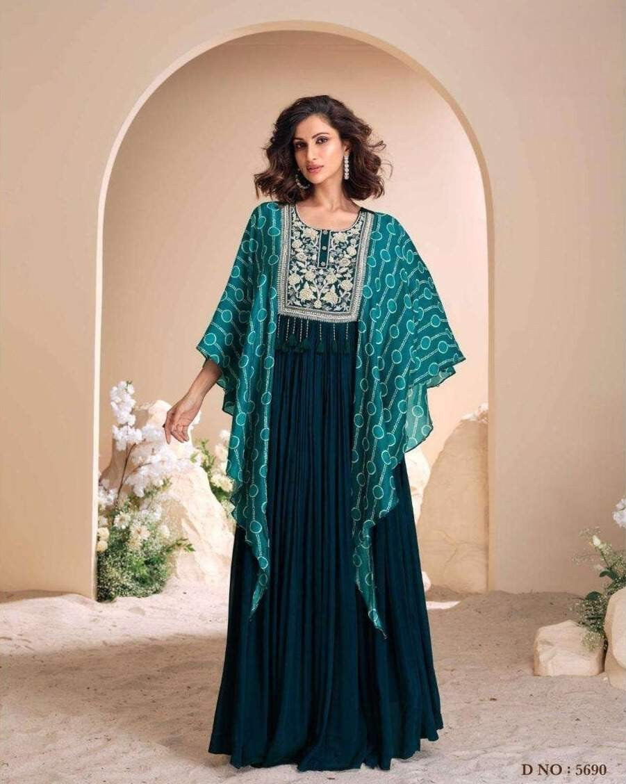 Teal Blue Designer Chinon Silk Gown with Hand Moti Embroidery