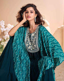 Teal Blue Designer Chinon Silk Gown with Hand Moti Embroidery