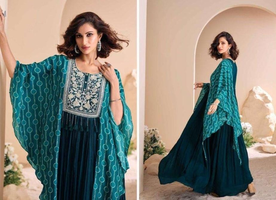 Teal Blue Designer Chinon Silk Gown with Hand Moti Embroidery