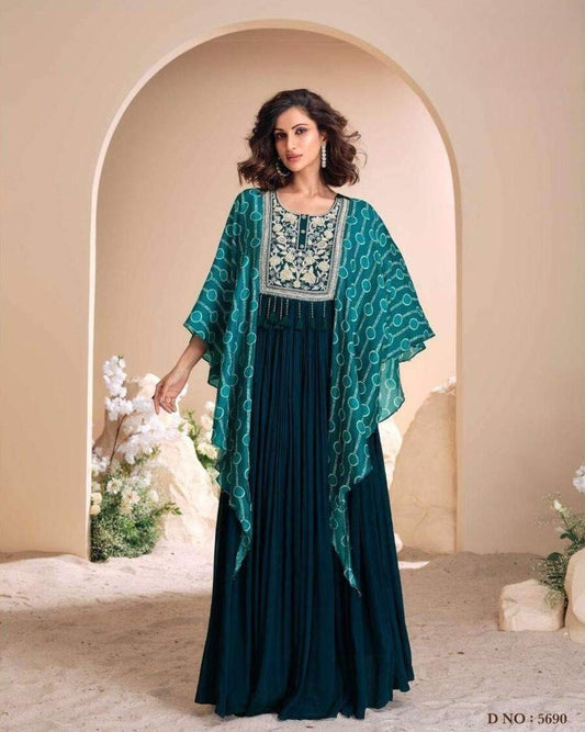 Teal Blue Designer Chinon Silk Gown with Hand Moti Embroidery