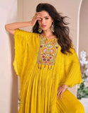 Sunshine Yellow Chinon Silk Gown with Hand Moti Embroidery