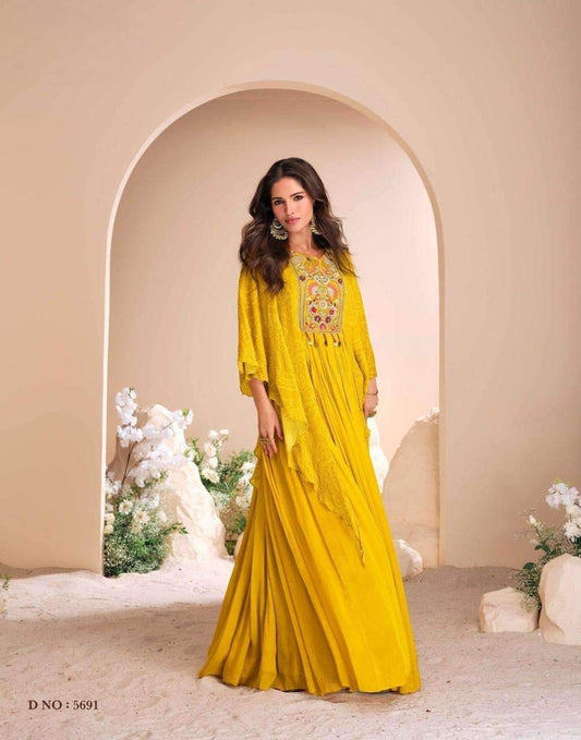 Sunshine Yellow Chinon Silk Gown with Hand Moti Embroidery