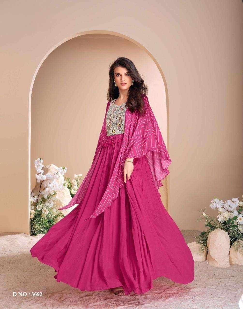 Rose Pink Chinon Silk Gown with Hand Moti Embroidery & Digital Sleeves