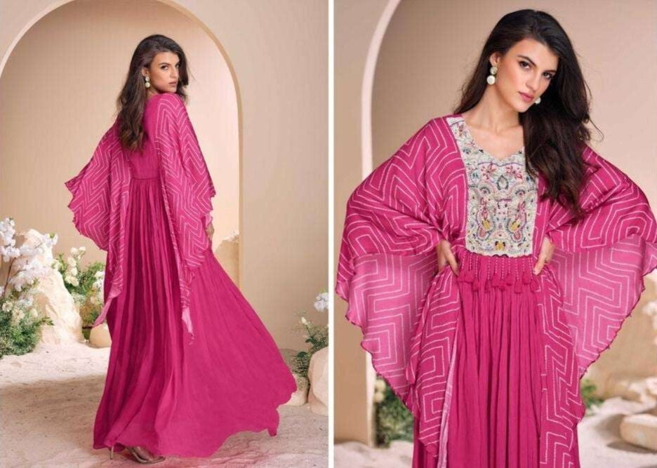 Rose Pink Chinon Silk Gown with Hand Moti Embroidery & Digital Sleeves