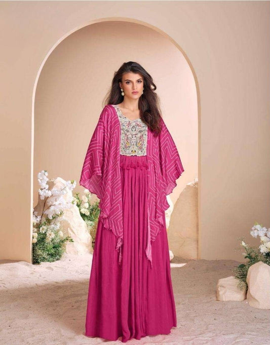 Rose Pink Chinon Silk Gown with Hand Moti Embroidery & Digital Sleeves
