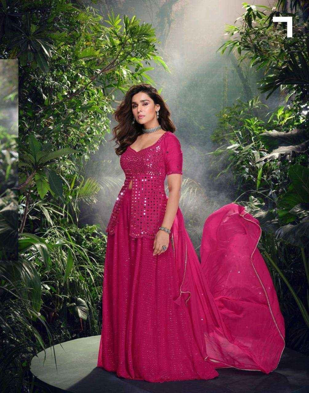 Fuchsia Mirror Work Plazzo Set in Real Chinon Silk & Georgette